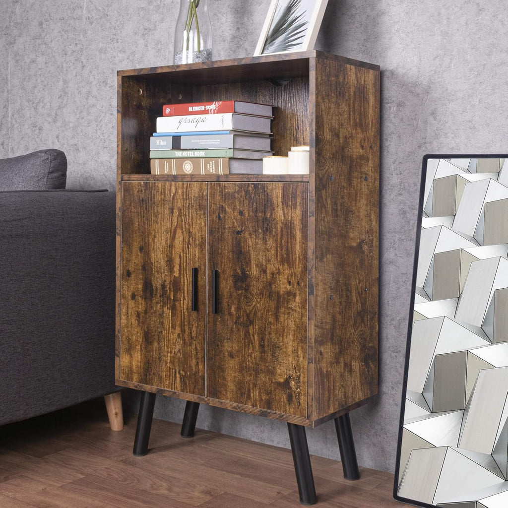 Mid-Century Wood Bookshelf with Doors U632575