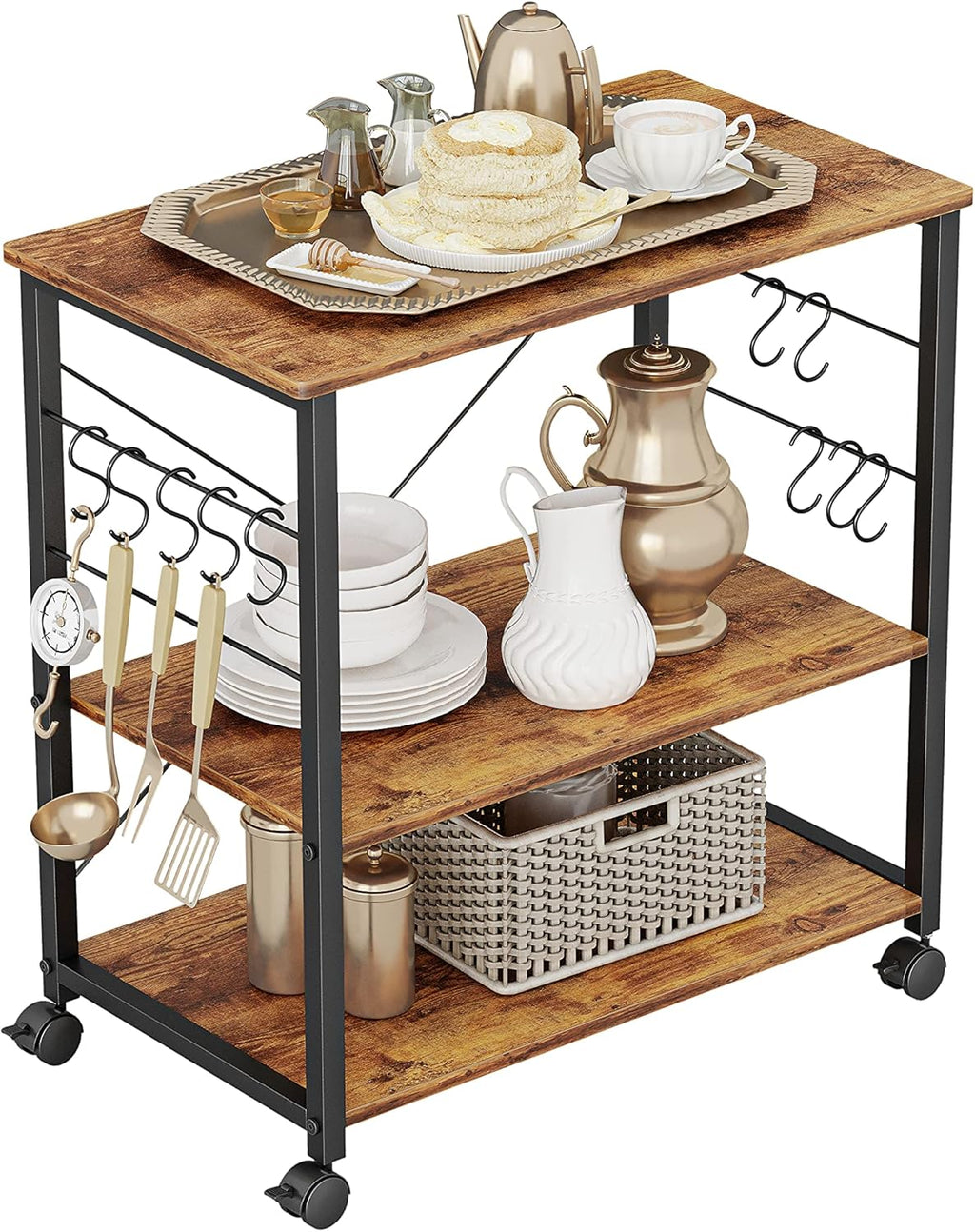3 Tier Metal Kitchen Cart with Wheels and 10 Hooks W3242