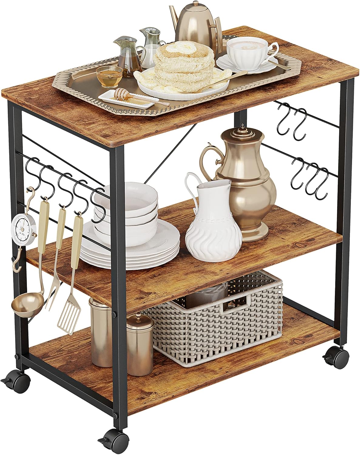 3 Tier Metal Kitchen Cart with Wheels and 10 Hooks W3242