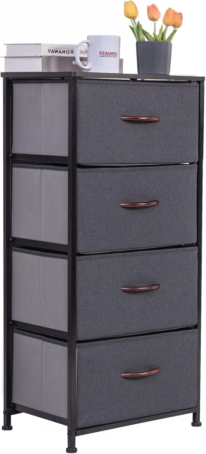 Vertical Dresser Storage Tower, Steel Frame, Wood Top, Textured Fabric Bins, 5 Drawers, BROWN Y935