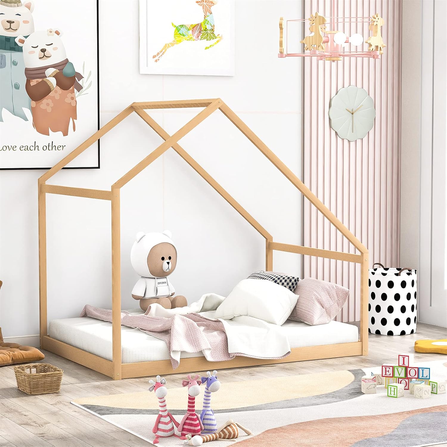 White Wood Twin Size House Bed Frame with Trundle X94019