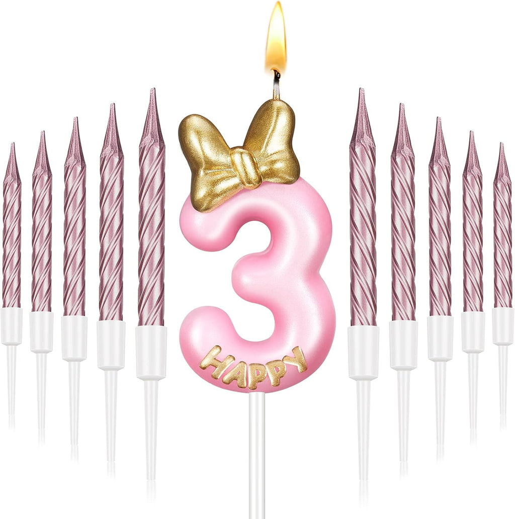Pink Number 3 Birthday Candle with 10 Pieces Rose Gold Candles R8733