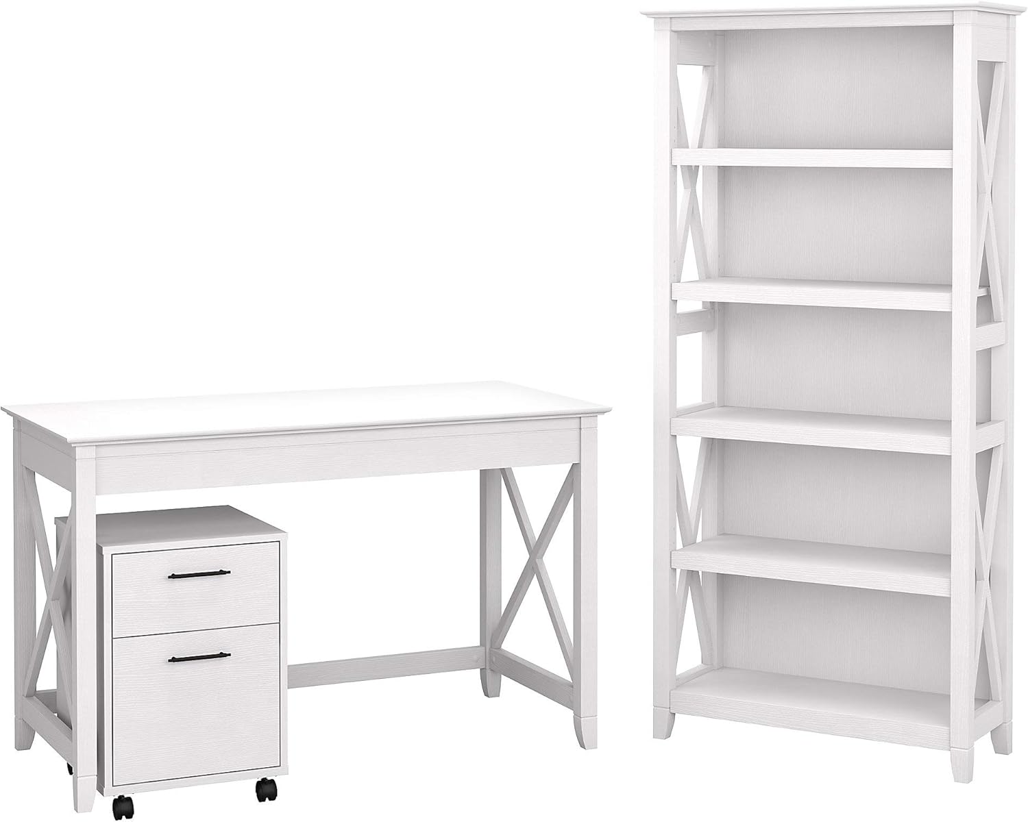 48W Writing Desk with 2 Drawer Mobile File Cabinet and 5 Shelf Bookcase, Pure White Oak D982563