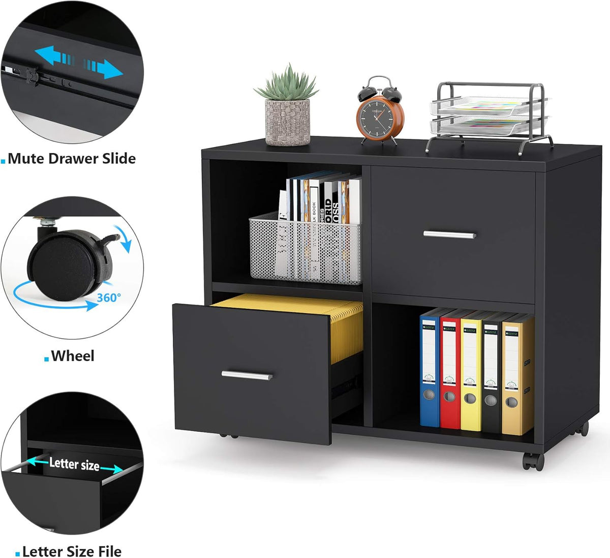 2 Drawers Mobile Lateral Filing Cabinet with Open Storage Shelves and Wheels Q56551