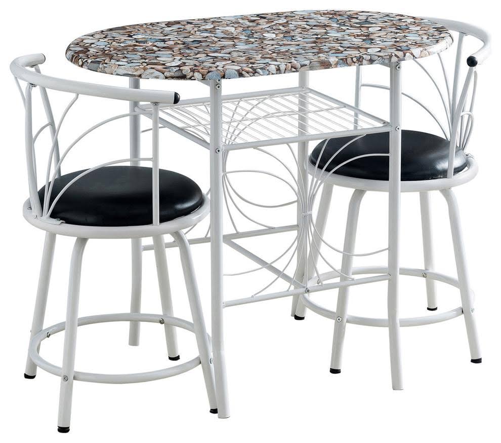 3 Piece Pub Set White Metal Frame Wood Top Table with Storage 2 Faux Leather Stools V653577