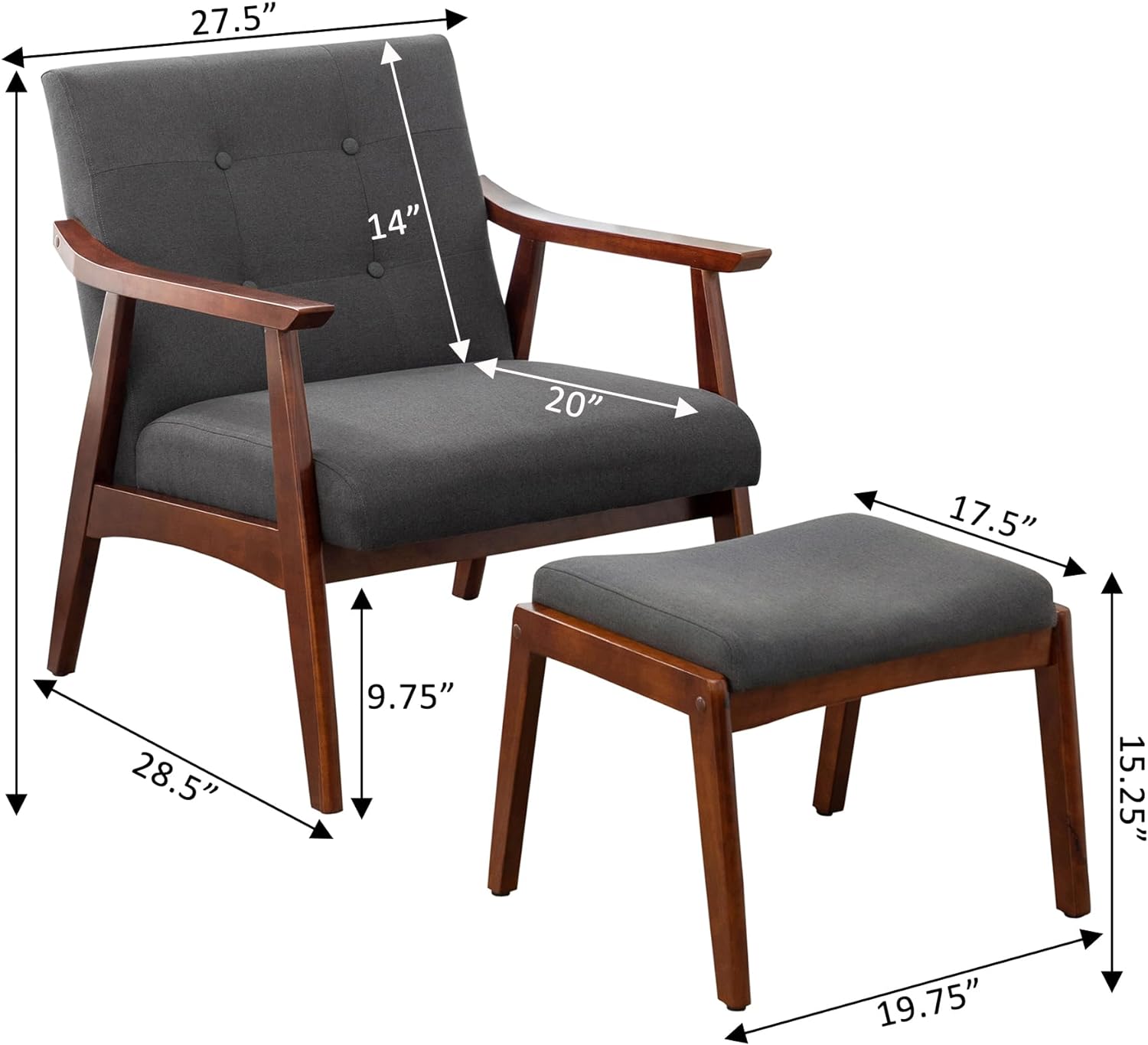 Accent Armchair and Ottoman Set, Dark Gray Fabric L47984