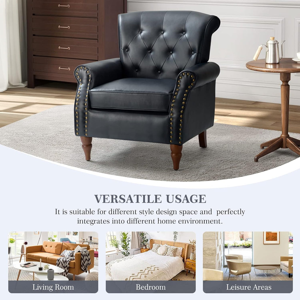 Navy Faux Leather Accent Chair Set Of 2 with Solid Wood Legs A975