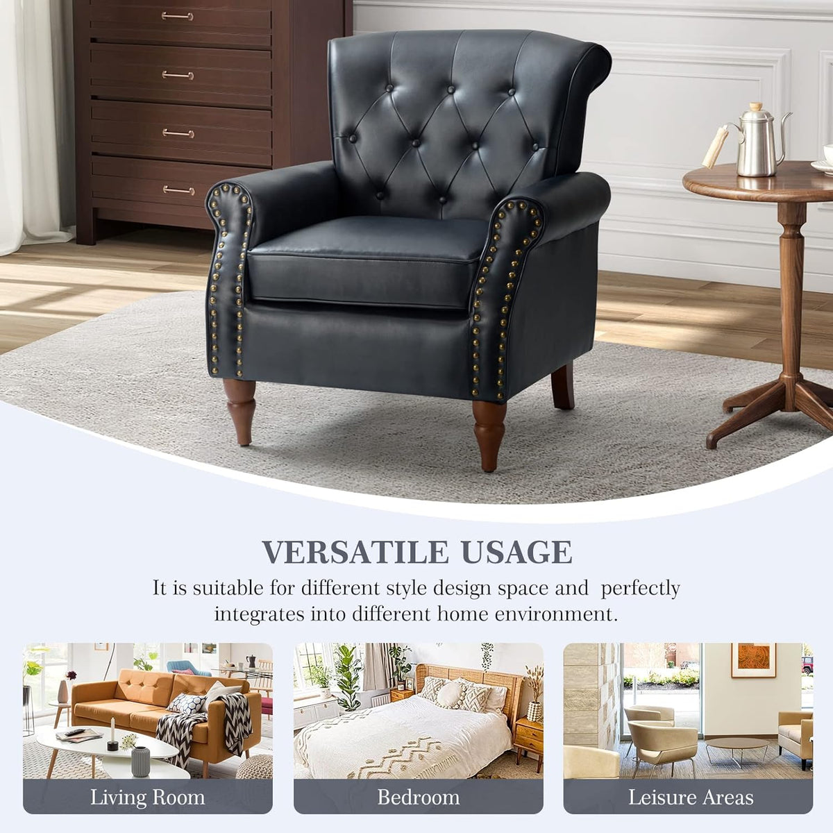 Navy Faux Leather Accent Chair Set Of 2 with Solid Wood Legs A975