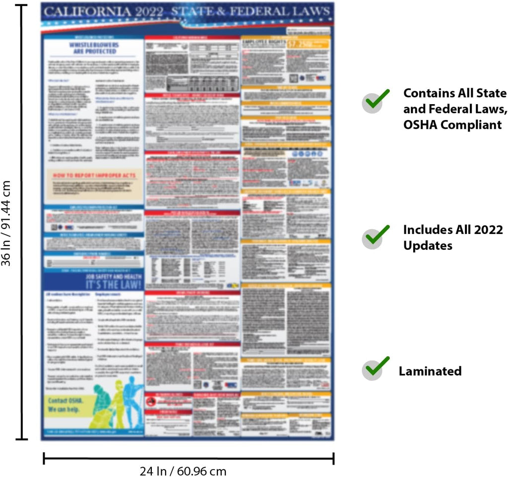 2022 California State and Federal Labor Laws Poster - OSHA Workplace Compliant 24 x 36 - All in One Required Posting (Combo) Pack of 2 S979