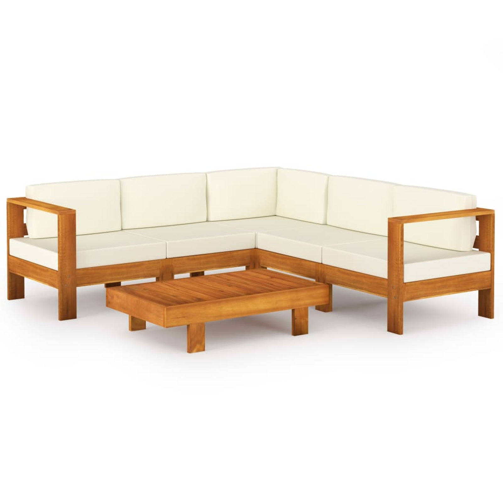 6 Piece Patio Lounge Set with Cream White Cushions Acacia Wood Outdoor Sectional Set E378