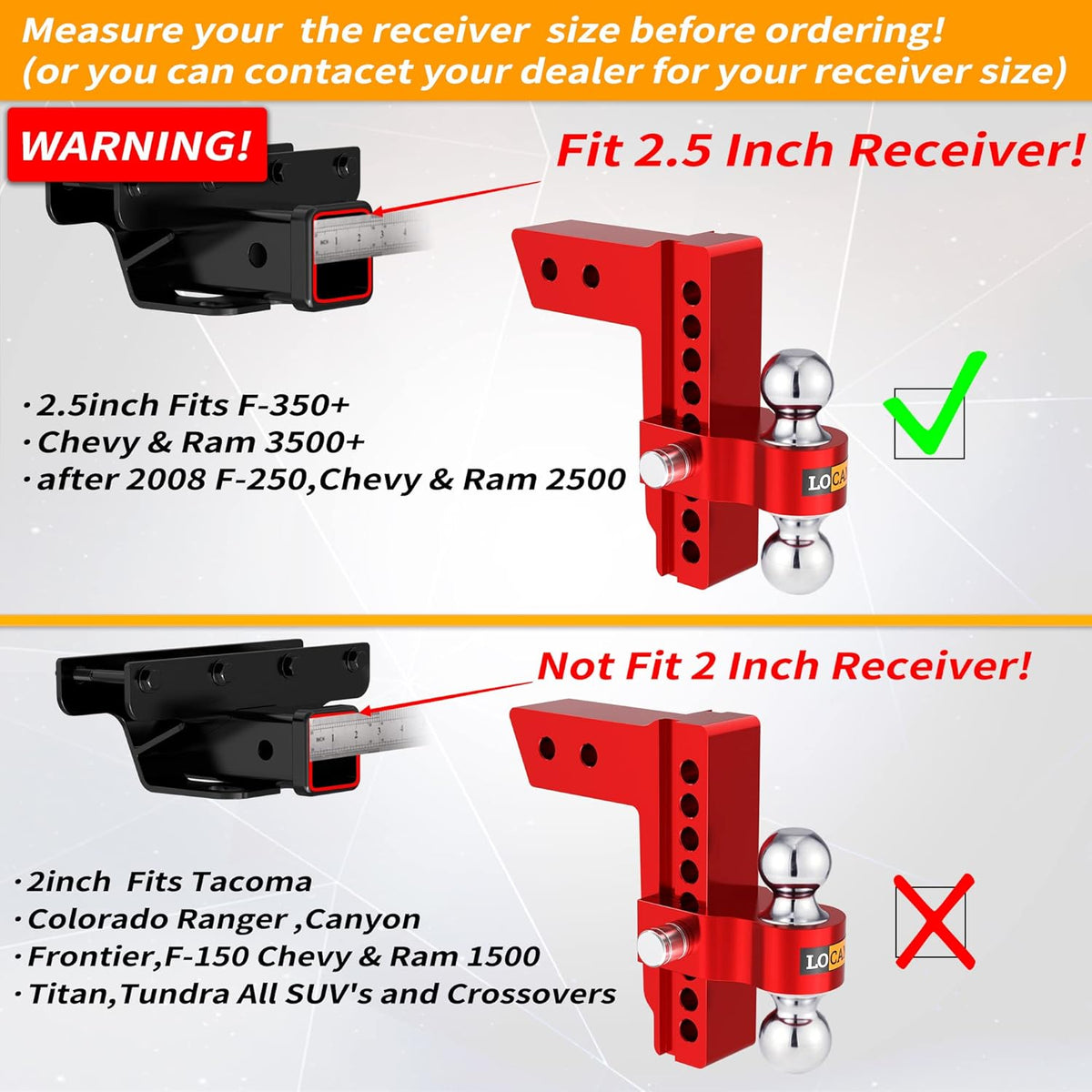Adjustable Aluminum Trailer Hitch, Fits 2.5-Inch Receiver, 8-Inch Drop/Rise, 18,500 LBS GTW, Red H944050