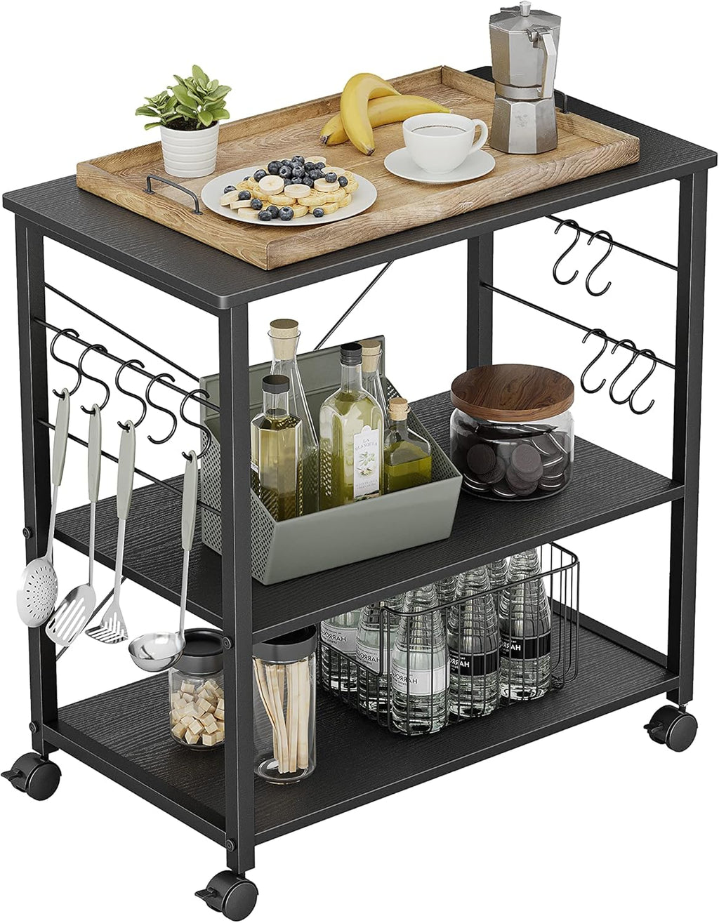 3 Tier Metal Kitchen Cart with Wheels and 10 Hooks W3242