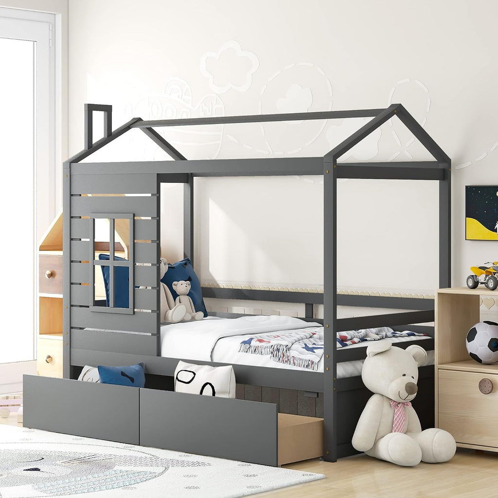 White Wood Twin Size House Bed Frame with Trundle X94019