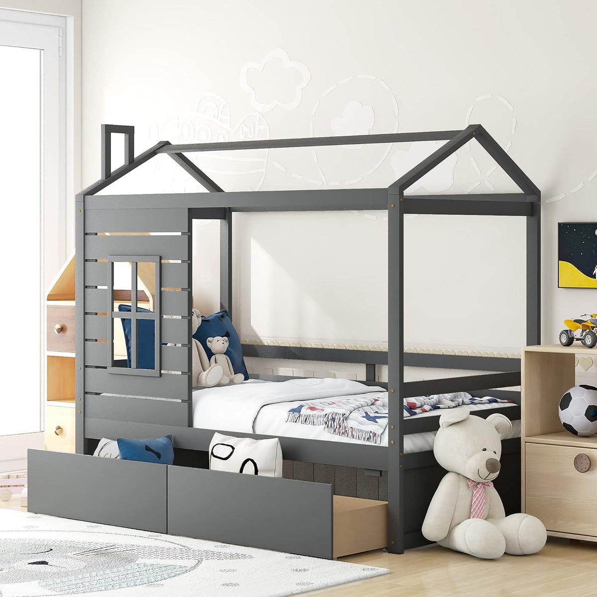 White Wood Twin Size House Bed Frame with Trundle X94019