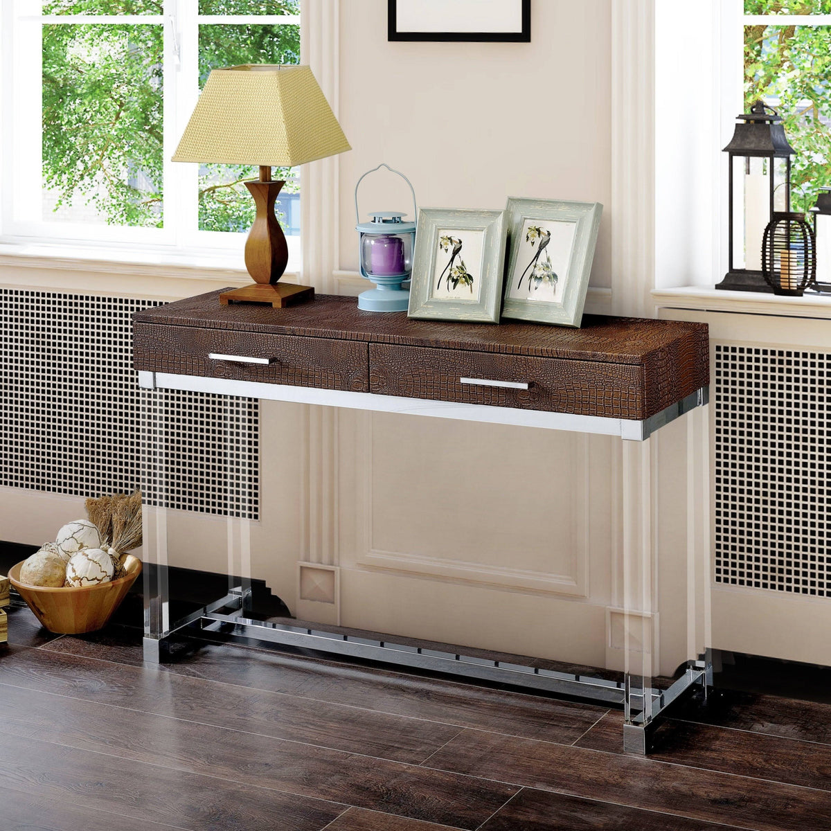 Brown Crocodile Textured Storage Sofa Table S1136
