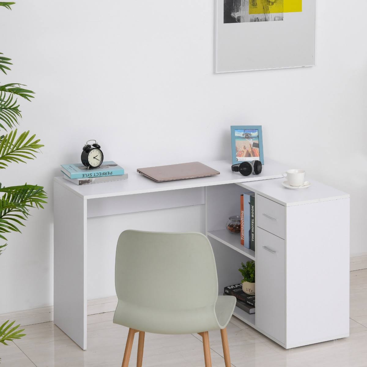 White L Shaped Computer Desk with Storage Shelves and Cabinet B324666