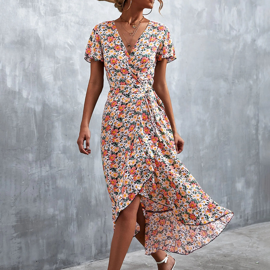V Neck Short Sleeve Split Wrap Long Dress D86189