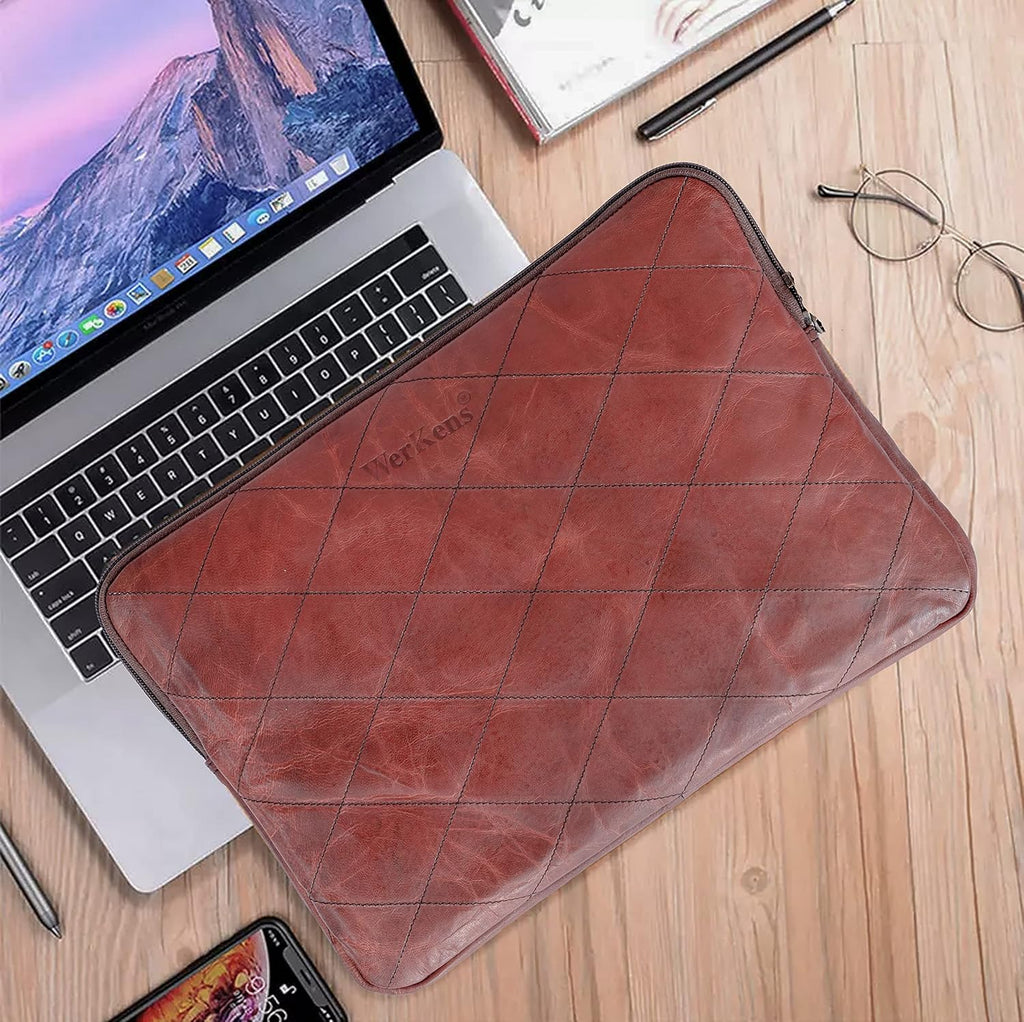 Brown Padded Velvet Leather Laptop Sleeve Bag V435861