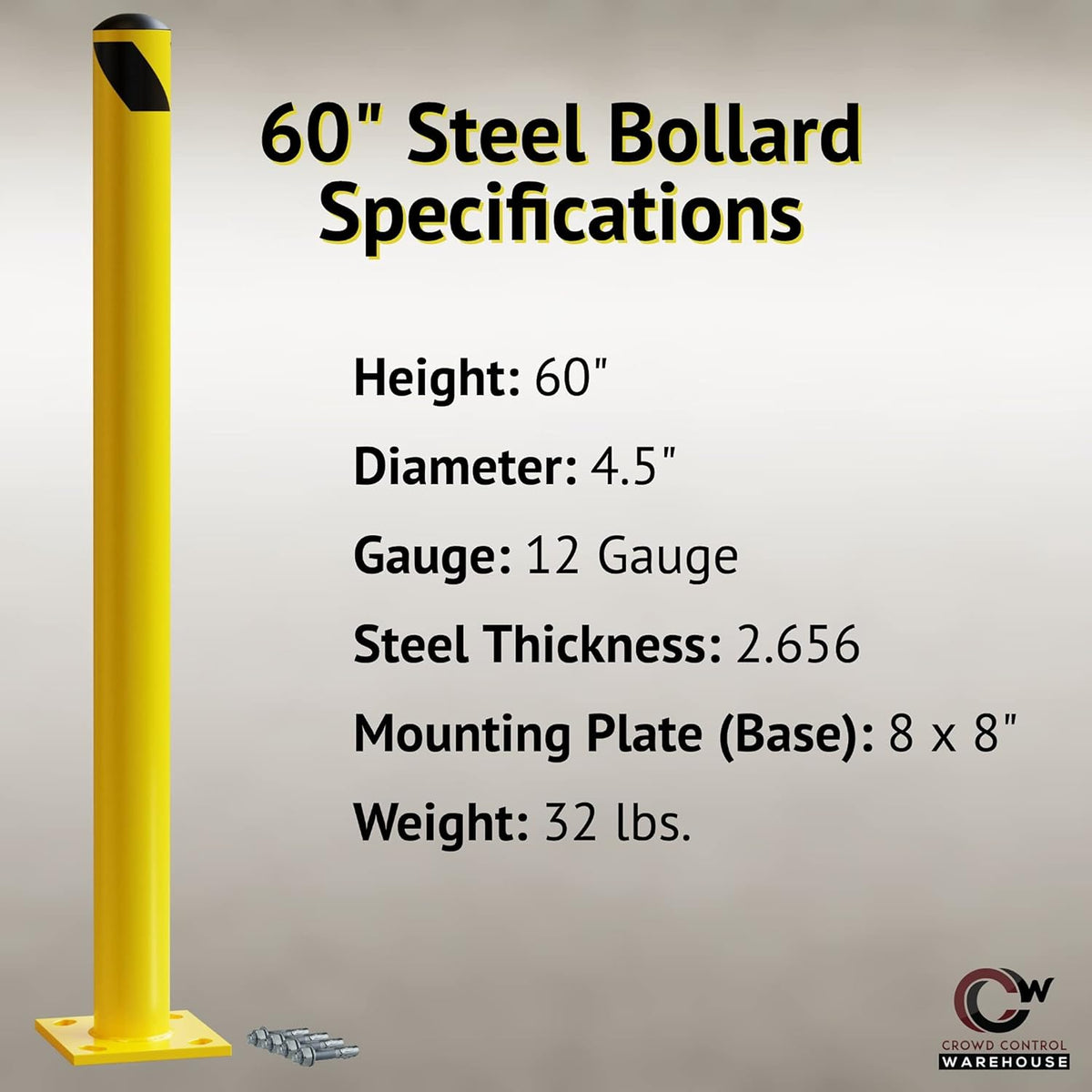 Yellow Powder Coated Steel Bollards, 36in x 4.5in S720025