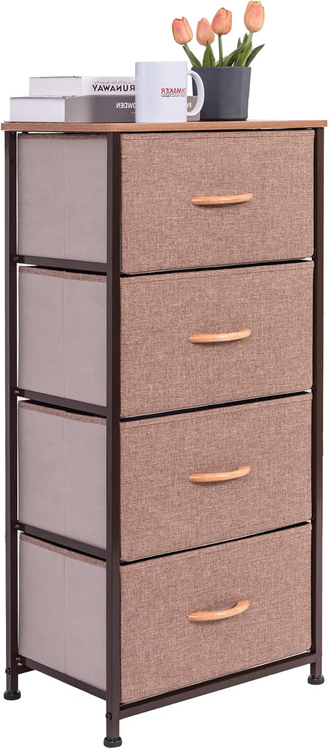 Vertical Dresser Storage Tower, Steel Frame, Wood Top, Textured Fabric Bins, 5 Drawers, BROWN Y935
