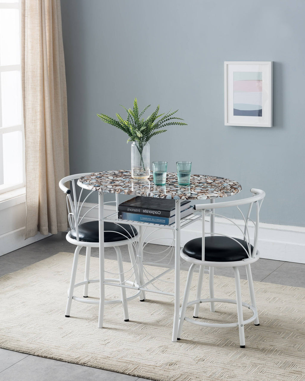 3 Piece Pub Set White Metal Frame Wood Top Table with Storage 2 Faux Leather Stools V653577