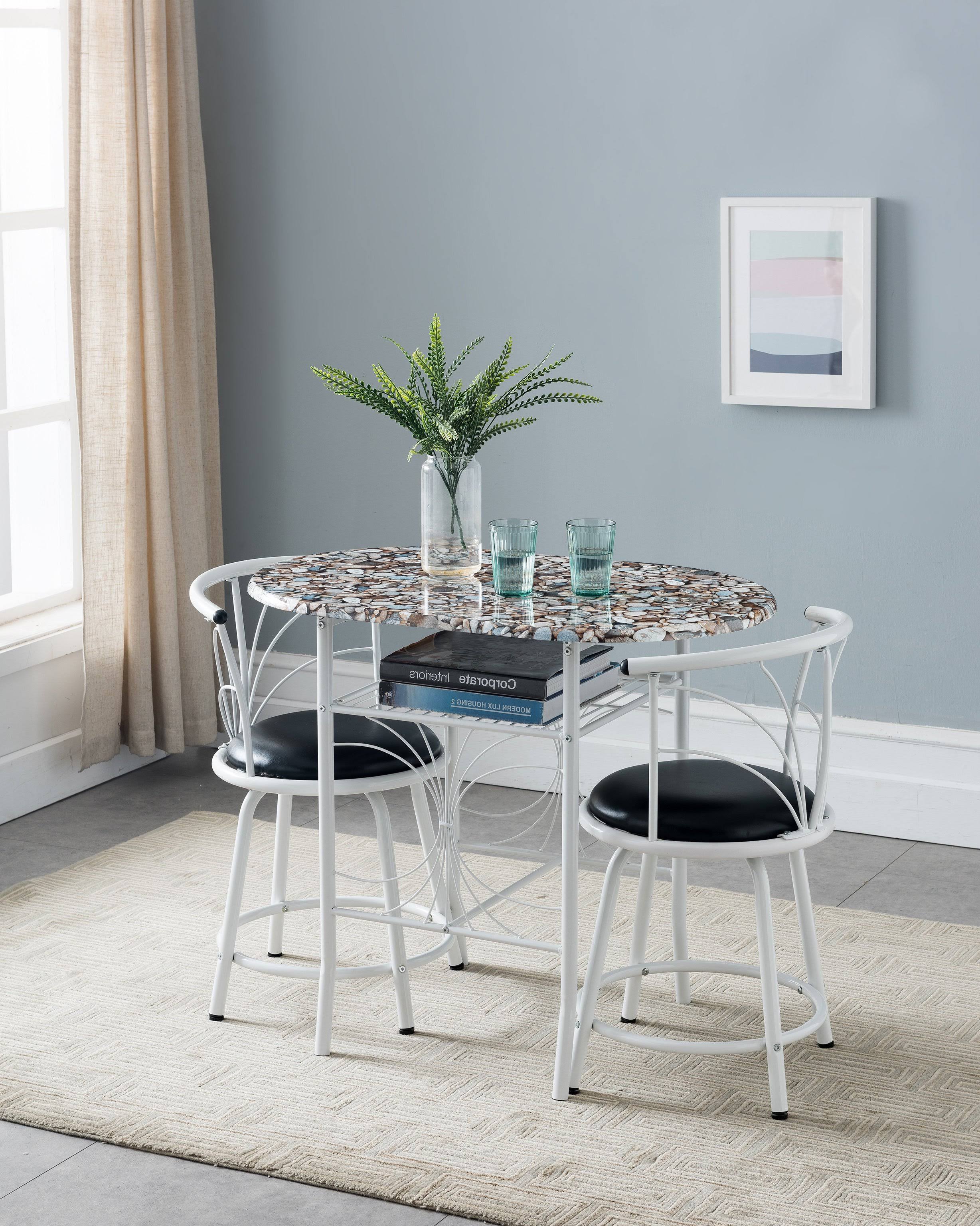 3 Piece Pub Set White Metal Frame Wood Top Table with Storage 2 Faux Leather Stools V653577
