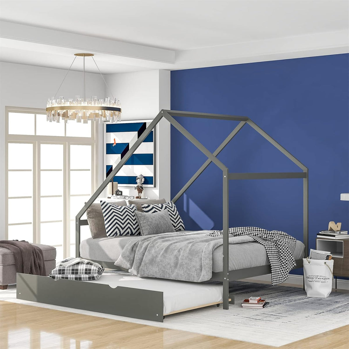 White Wood Twin Size House Bed Frame with Trundle X94019
