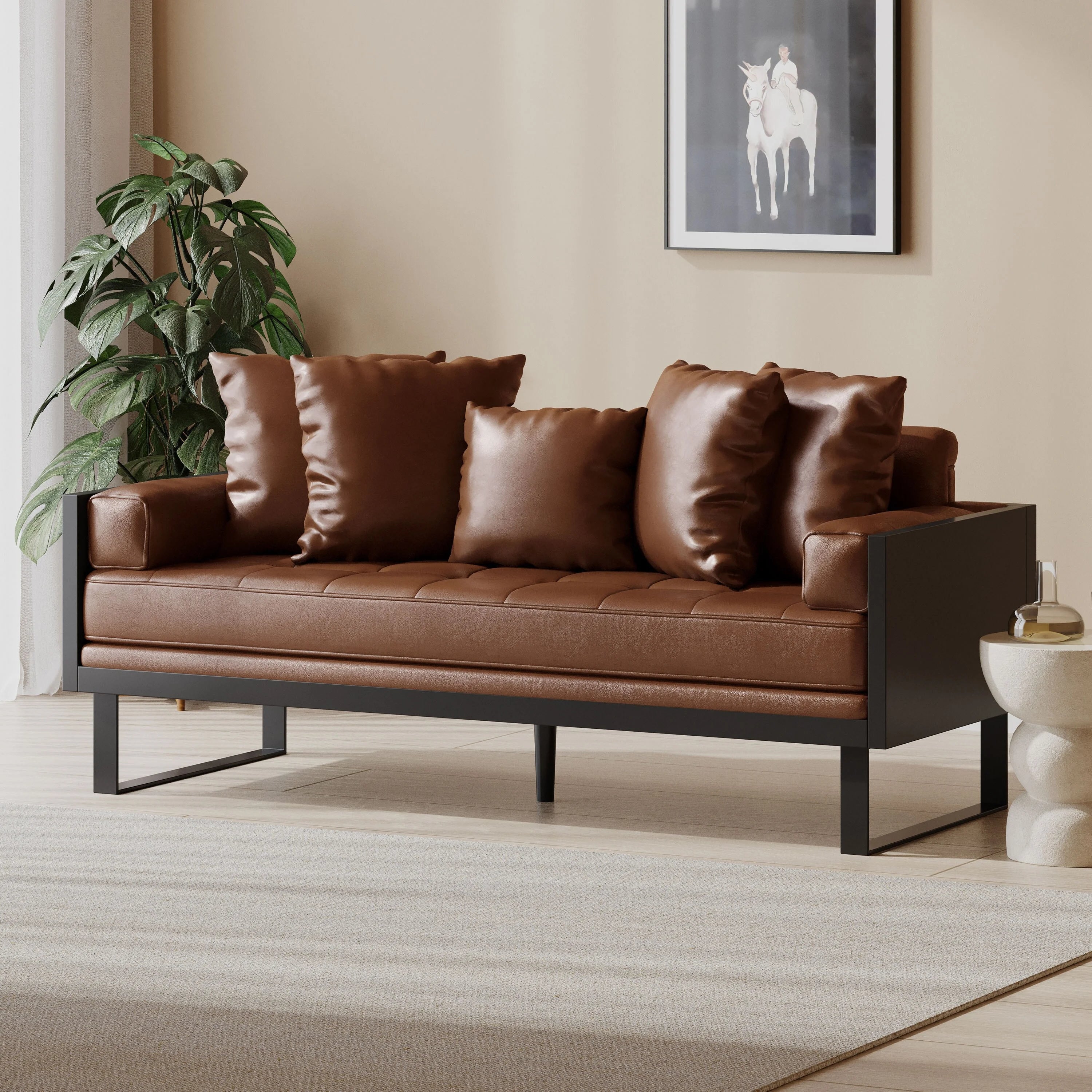 Oversized Faux Leather Loveseat with Accent Pillows N32089