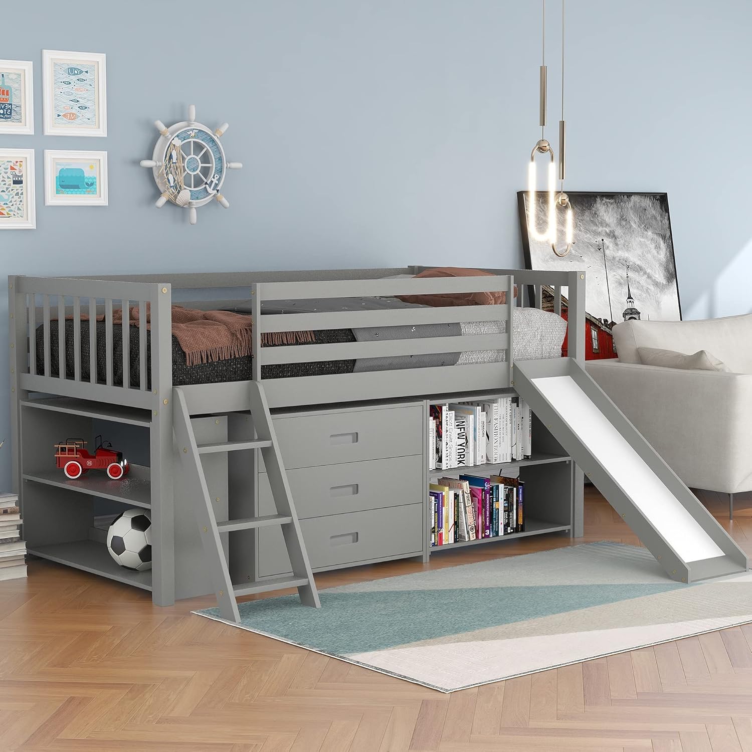 Twin Loft Bed with Cabinet and Storage, Built-in Ladder Playhouse Bed E53757