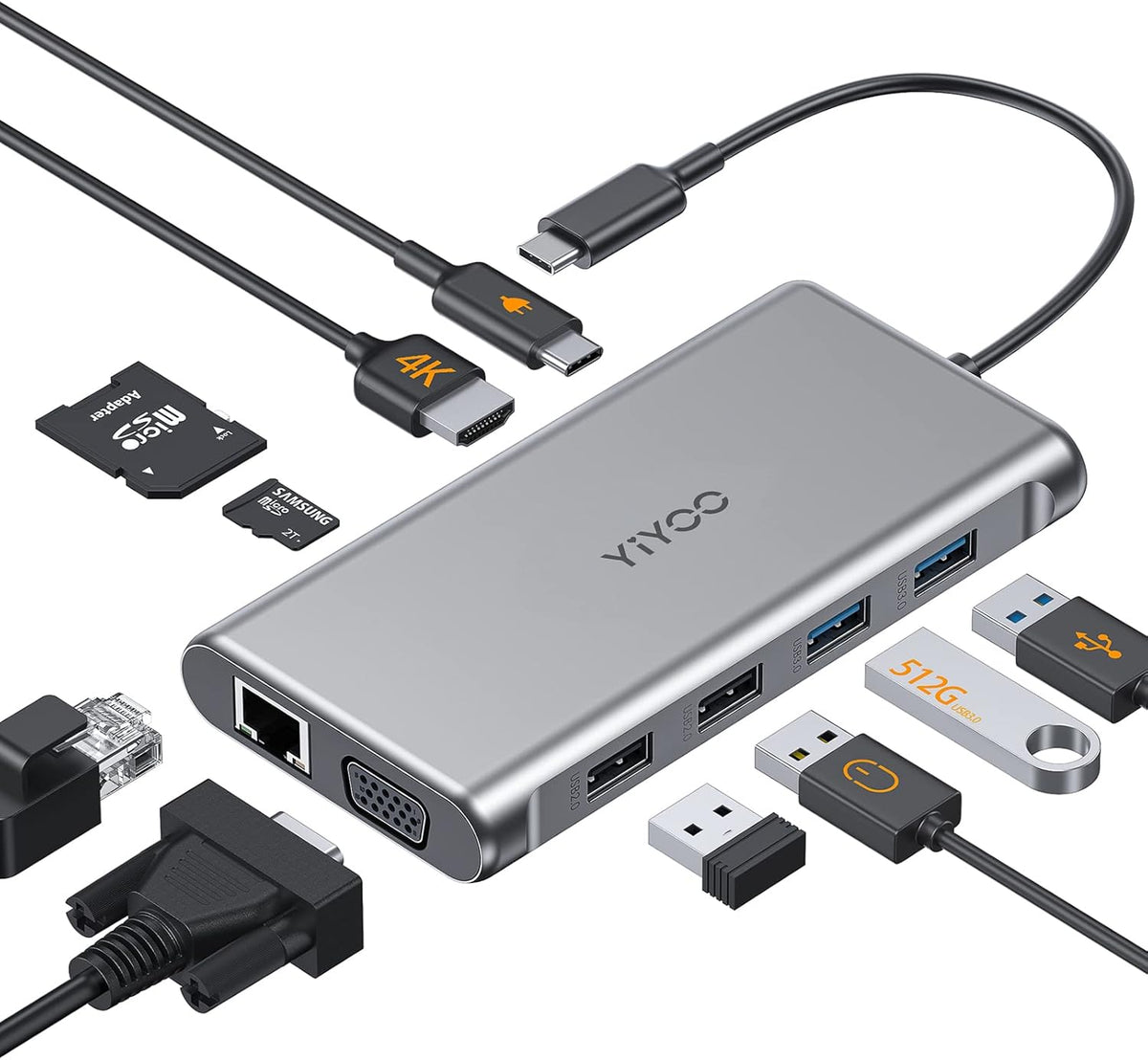 USB C Hub Adapter, 10-in-1 with Ethernet 1000Mbps, 4K USB C to HDMI, VGA, 2 USB 3.0, 2 USB 2.0, Micro SD/TF Card Reader, USB-C PD 3.0 W818950