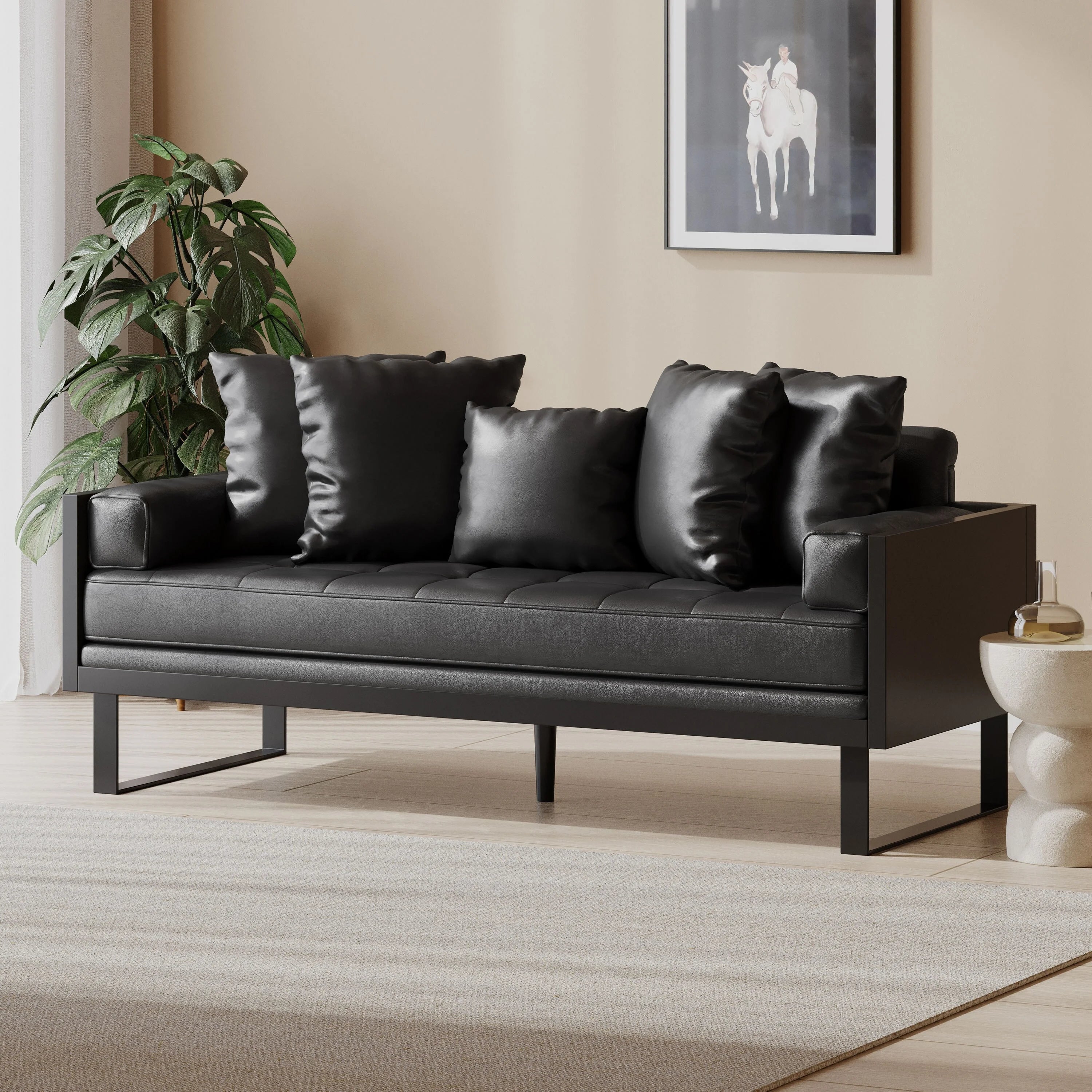 Oversized Faux Leather Loveseat with Accent Pillows N32089