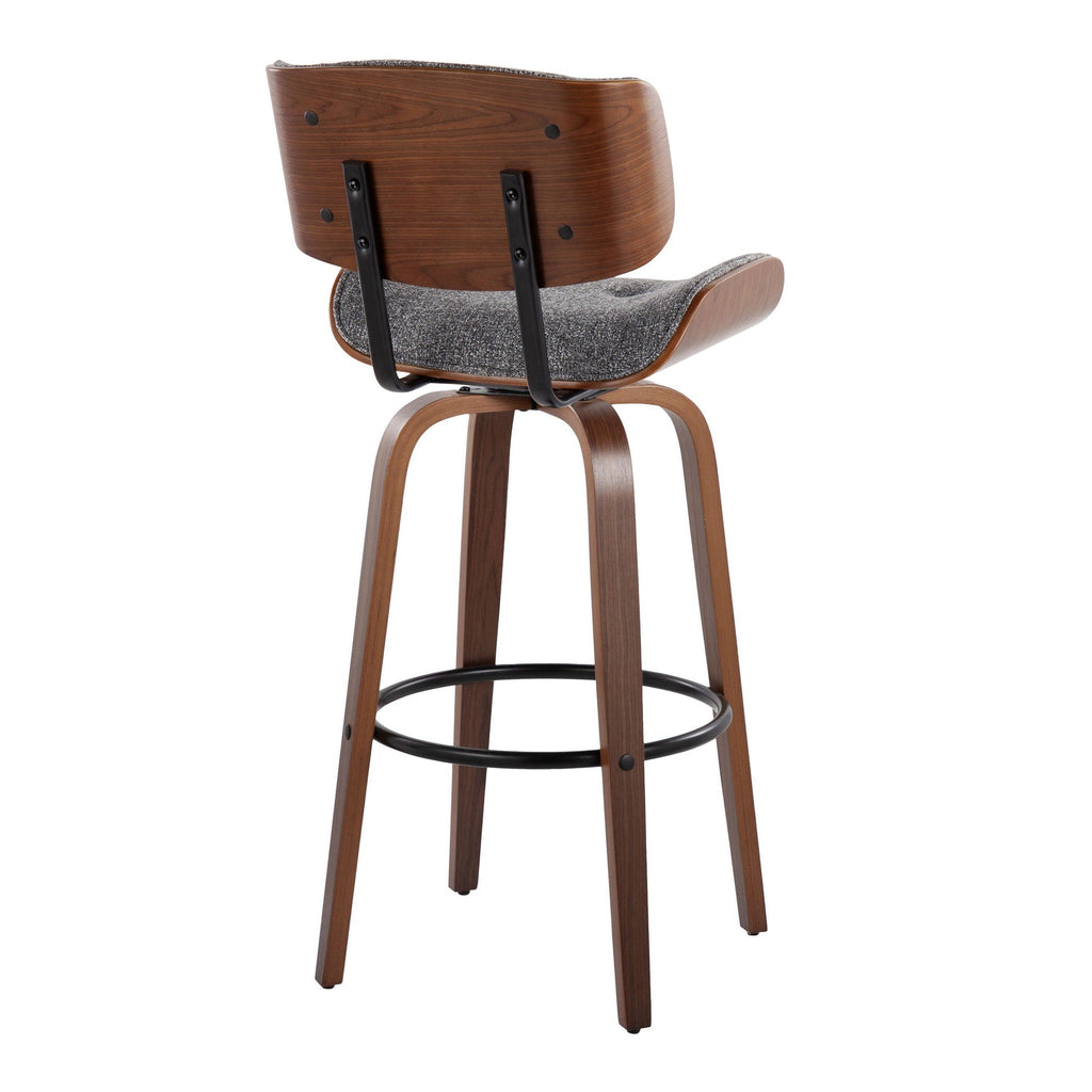 30" Mid-Century Modern Fixed-Height Barstool with Swivel in Walnut Wood and Grey Noise Fabric with Round Black Metal Footrest - Set of 2 F32501