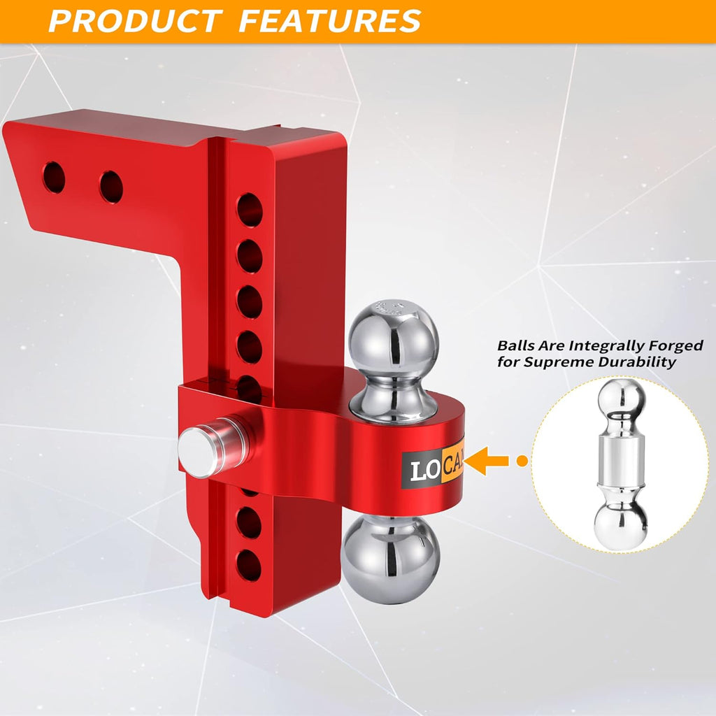 Adjustable Aluminum Trailer Hitch, Fits 2.5-Inch Receiver, 8-Inch Drop/Rise, 18,500 LBS GTW, Red H944050