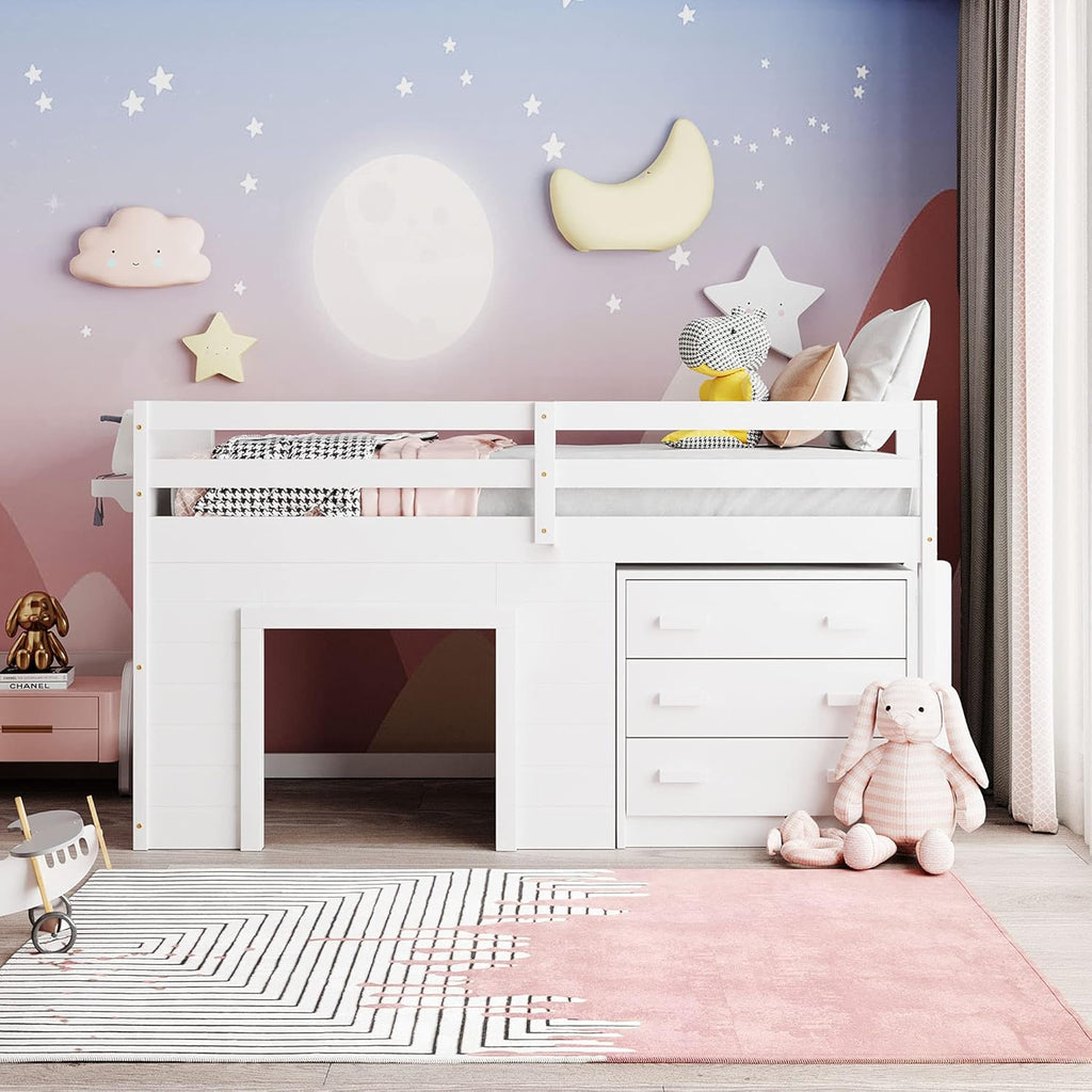 Twin Loft Bed with Cabinet and Storage, Built-in Ladder Playhouse Bed E53757