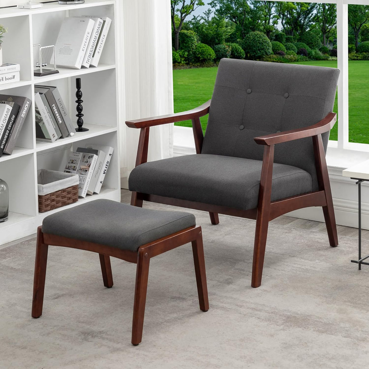 Accent Armchair and Ottoman Set, Dark Gray Fabric L47984