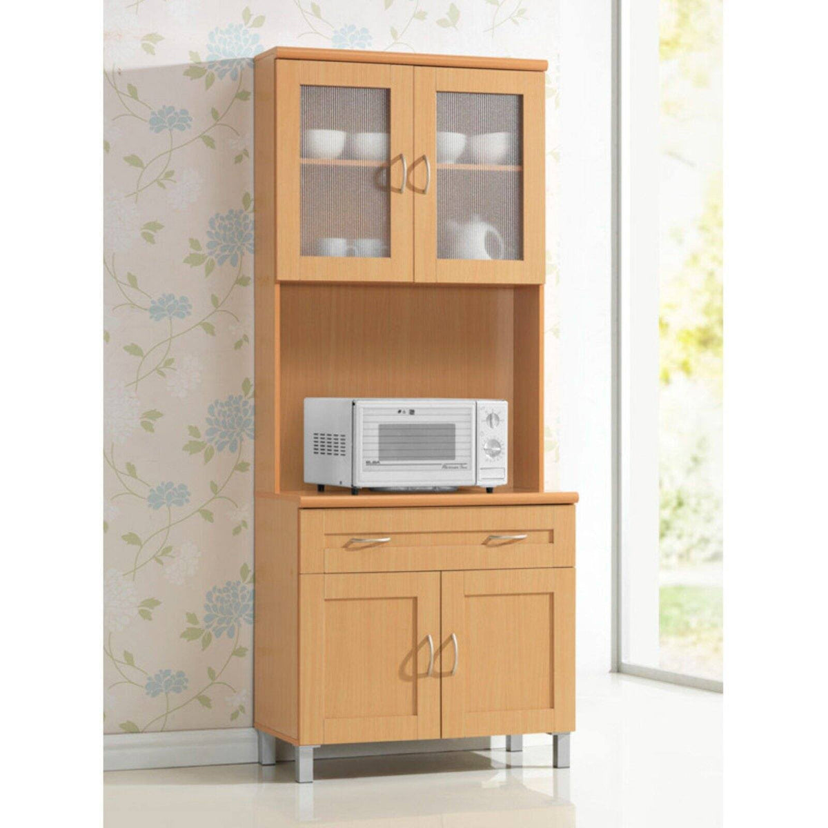 Tall Standing Kitchen Cabinet with Top and Bottom Enclosed Cabinet, Beech Y4039
