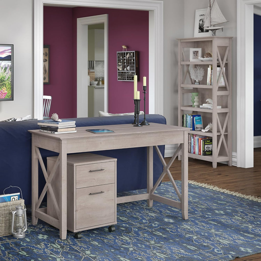 48W Writing Desk with 2 Drawer Mobile File Cabinet and 5 Shelf Bookcase, Pure White Oak D982563