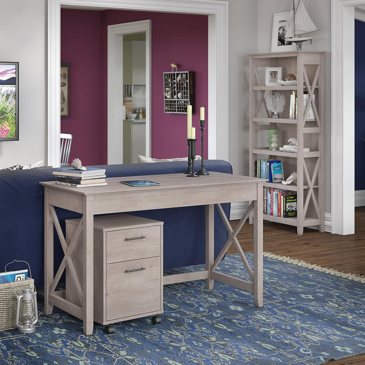 48W Writing Desk with 2 Drawer Mobile File Cabinet and 5 Shelf Bookcase, Pure White Oak D982563