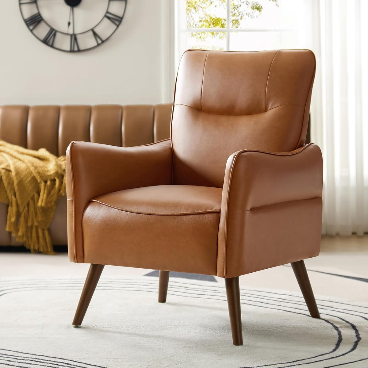 Camel Faux Leather Armchair with Wooden Legs J6213
