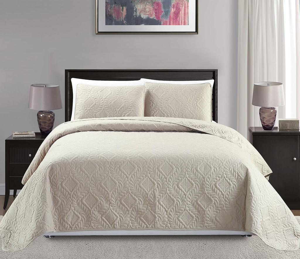 3pc King/California King Oversized Diamond Bedspread Bed Cover Solid Beige S61737