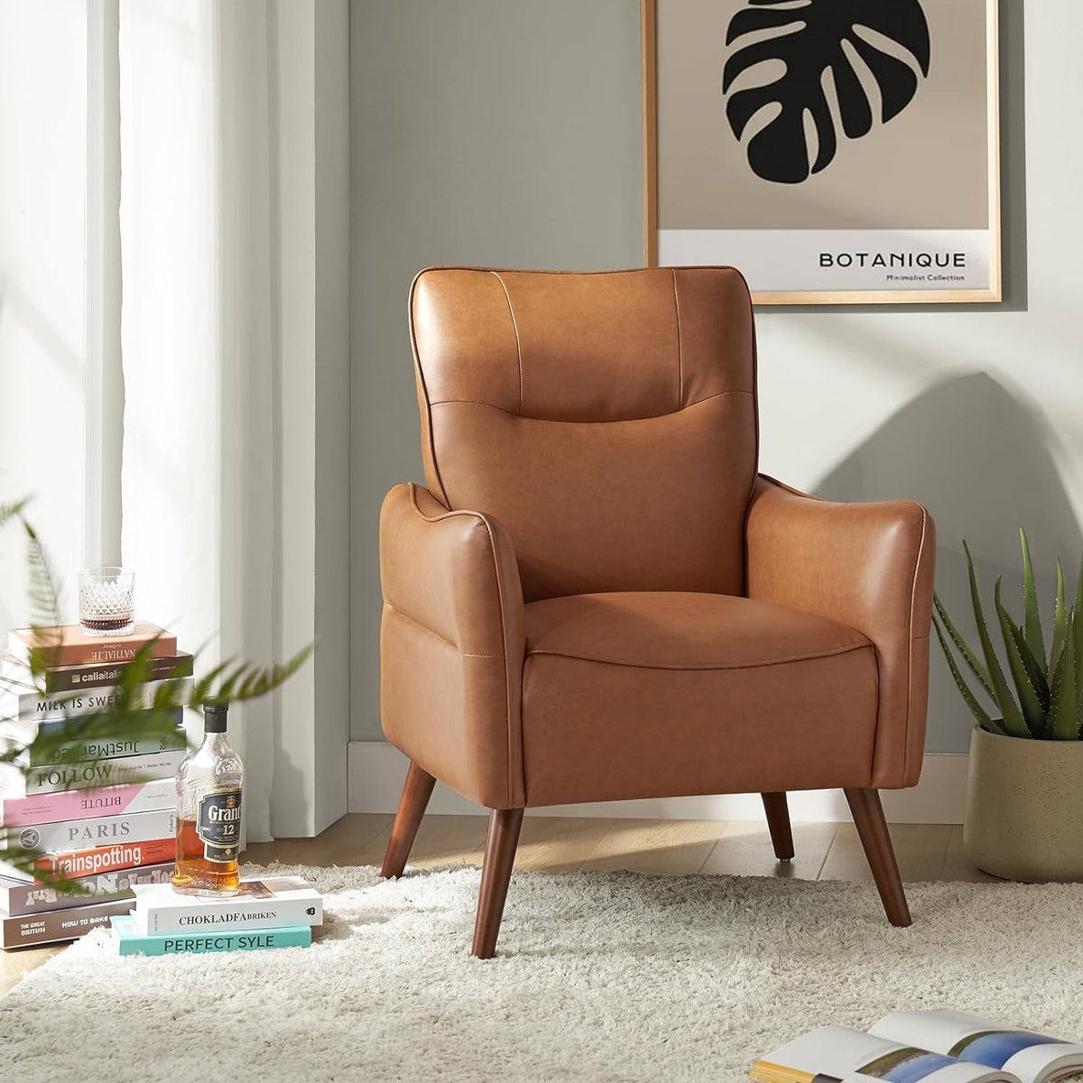 Camel Faux Leather Armchair with Wooden Legs J6213