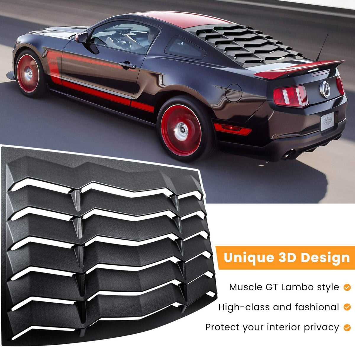 Rear+Side Window Louvers Windshield Sun Shade Cover for Ford Mustang (ABS Matte Black) R48126