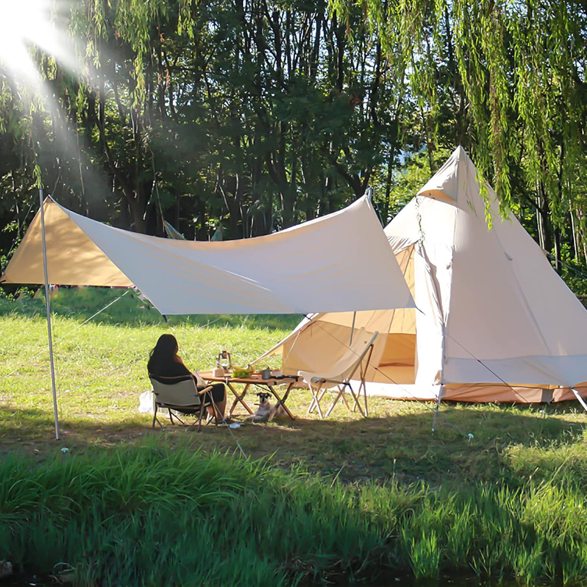 Camping Tent Tarp with Poles, 4-6 Person PU 3000mm Lightweight Awning Canopy Sun Shelter O134