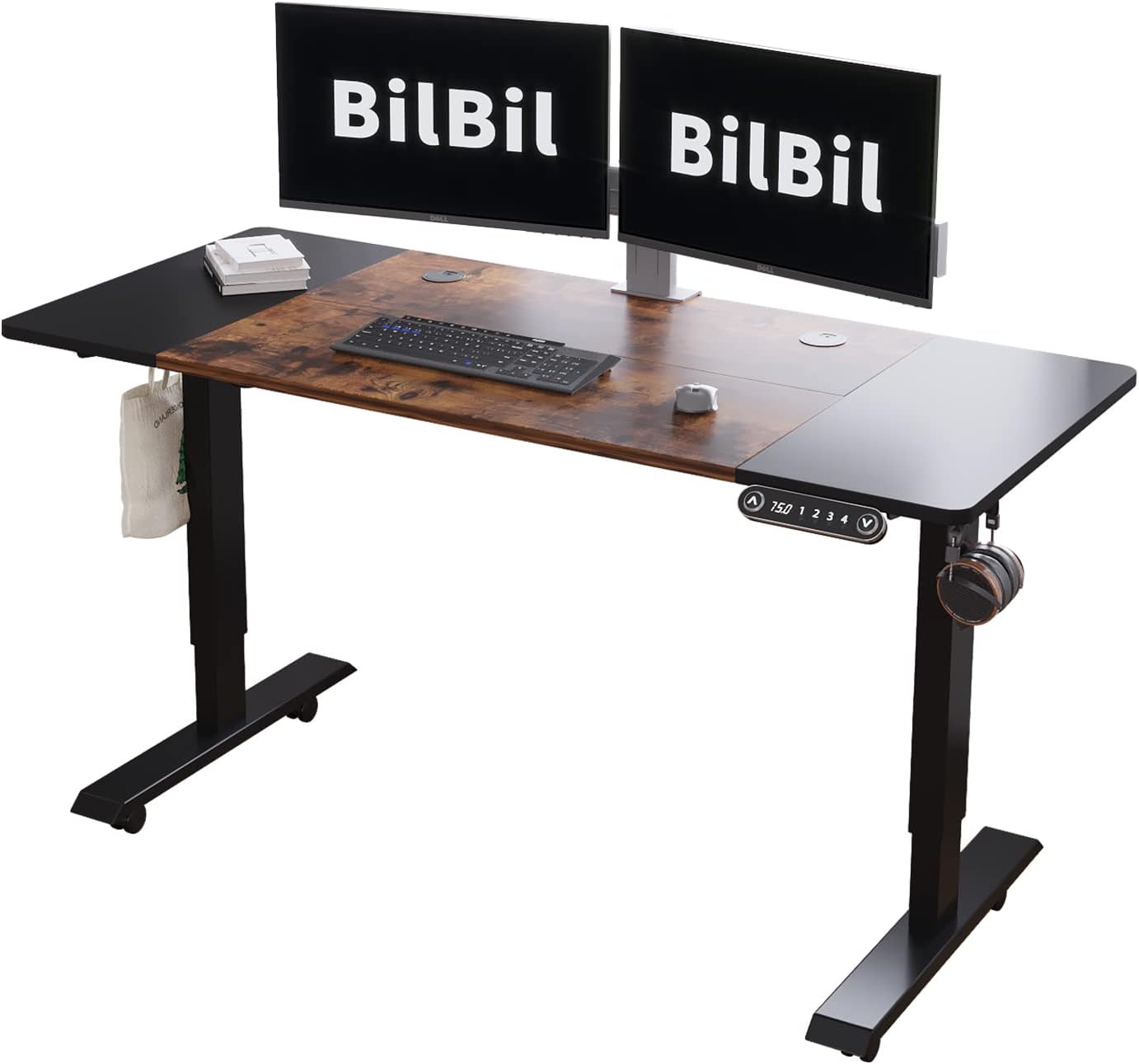 Black Frame Rustic Brown Top Electric Standing Desk with Splice Board C389