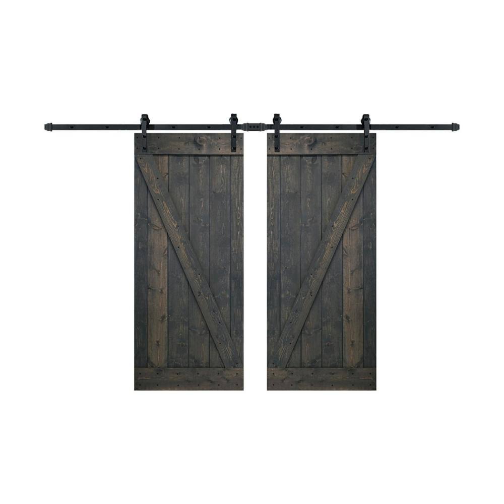 72 in. x 84 in. Carbon Gray Finished Knotty Pine Wood Double Sliding Barn Door with Hardware Kit M931316