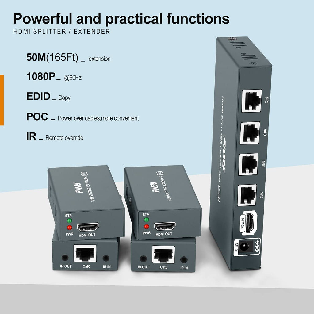 1x4 HDMI Extender Splitter Over Cat5e/Cat6/Cat7 Ethernet Cable Up to 50m/165ft, 1080P@60Hz 3D, 1 in 4 Out I891