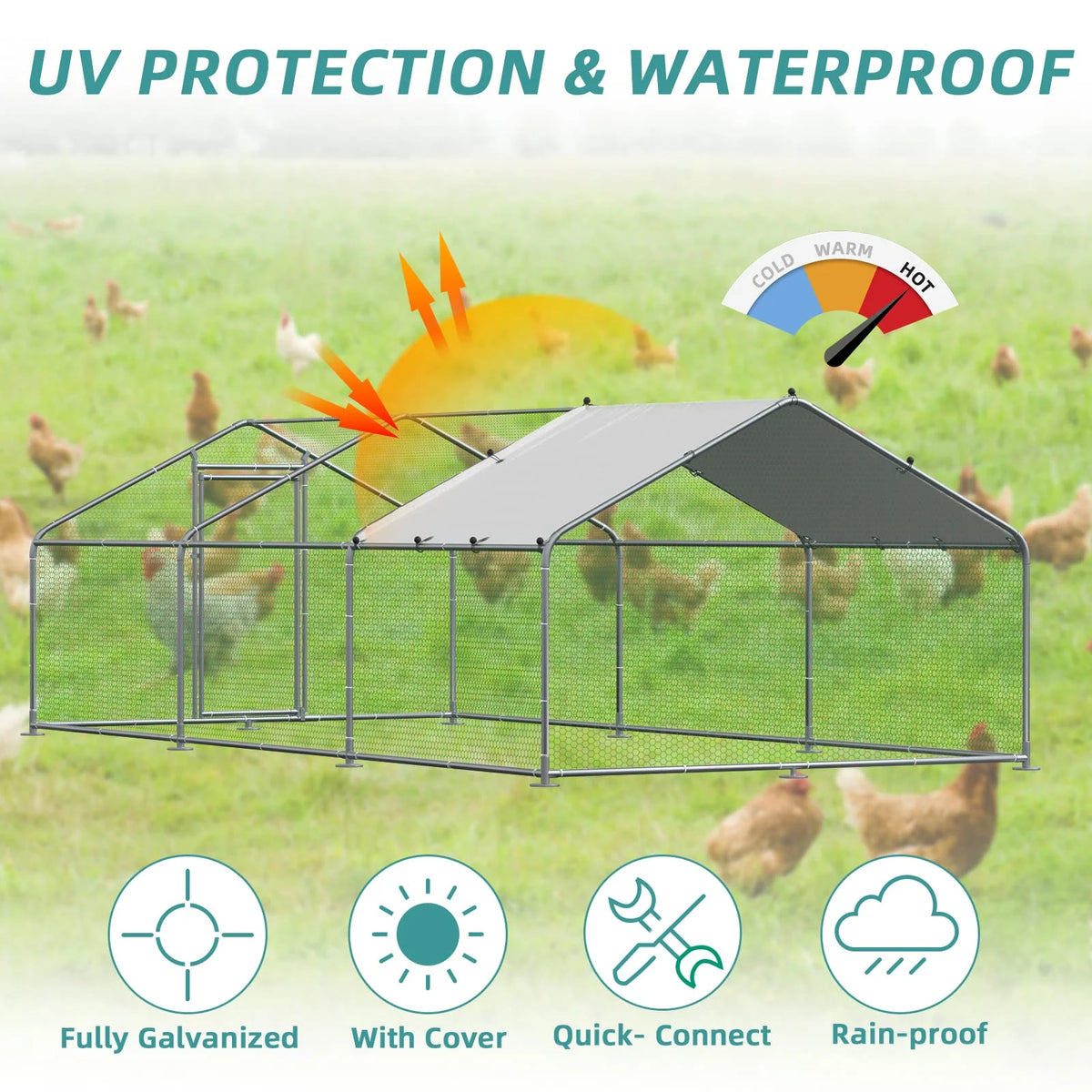Large Metal Chicken Coop Run with Waterproof Anti-UV Cover B47976