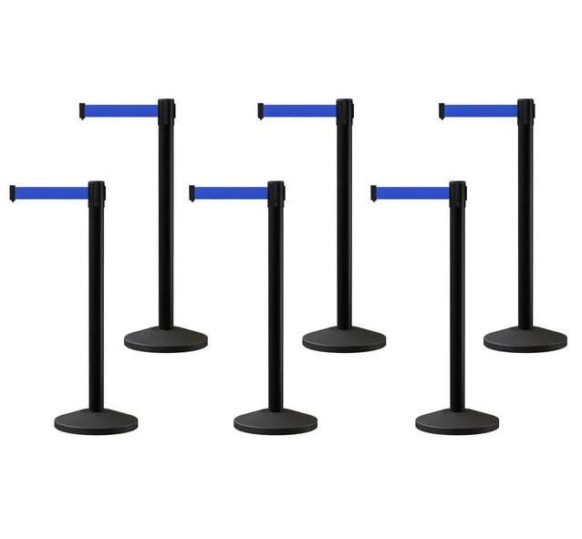 Black Post Retractable Belt Barriers, Set of 6, 13 ft. Belt O370