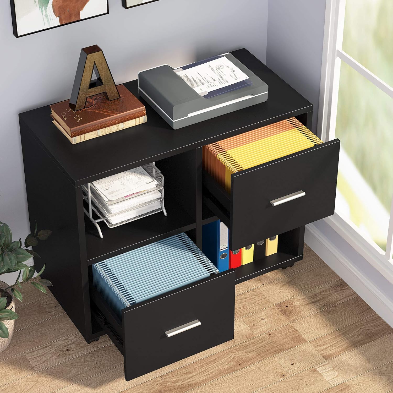 2 Drawers Mobile Lateral Filing Cabinet with Open Storage Shelves and Wheels Q56551