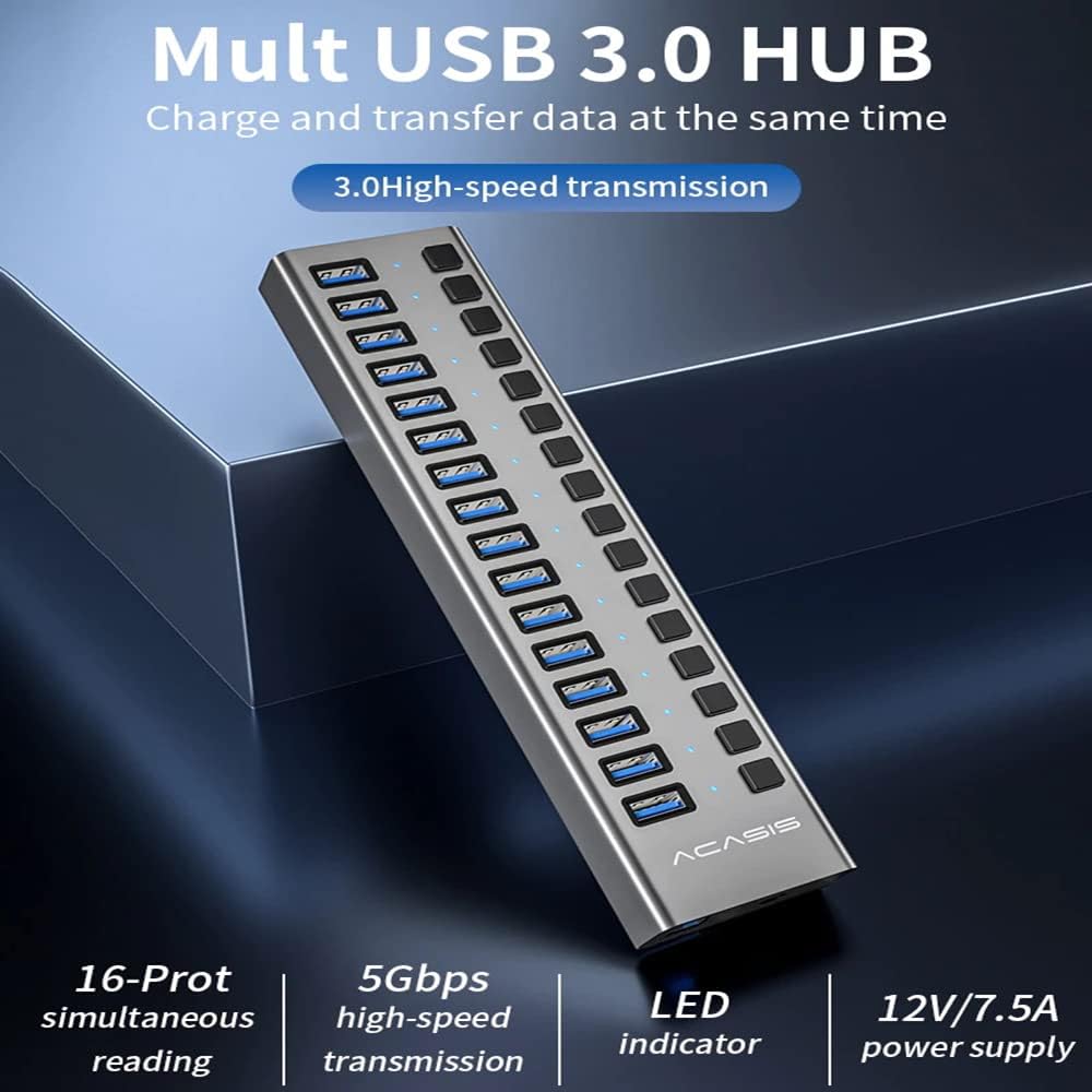 16 Ports USB 3.0 Powered Hub with Individual On/Off Switches and Power Adapter, Pack of 2 X48258